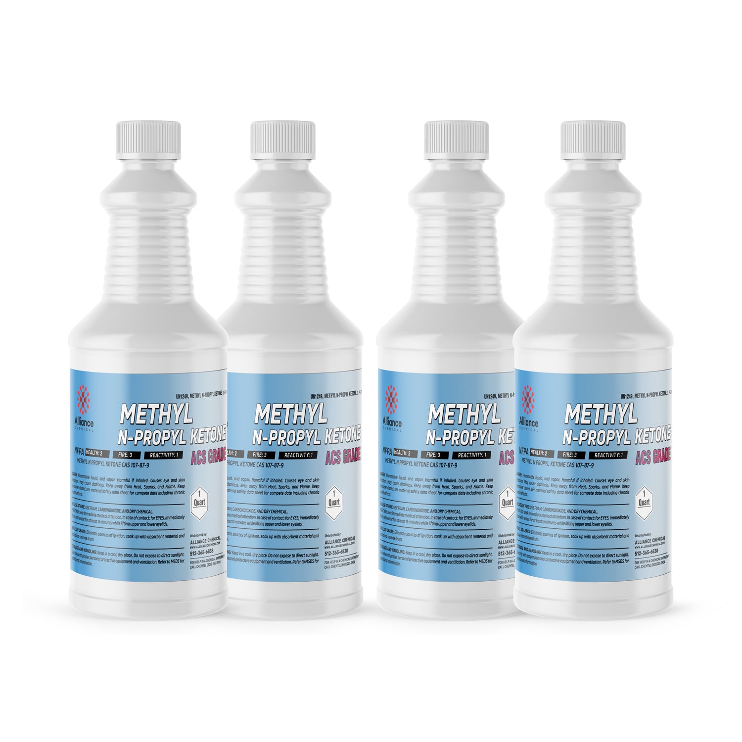 4x1 quart bottles of Methyl N-Propyl Ketone (MPK) ACS grade, white HDPE containers with blue labels, hazard diamond symbol, manufactured by Alliance Chemical.